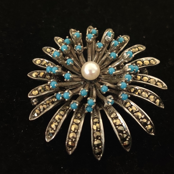 Vintage 60s Germany Silver 935 Chrysanthemum Flower Marcasite Brooch - Picture 3 of 16